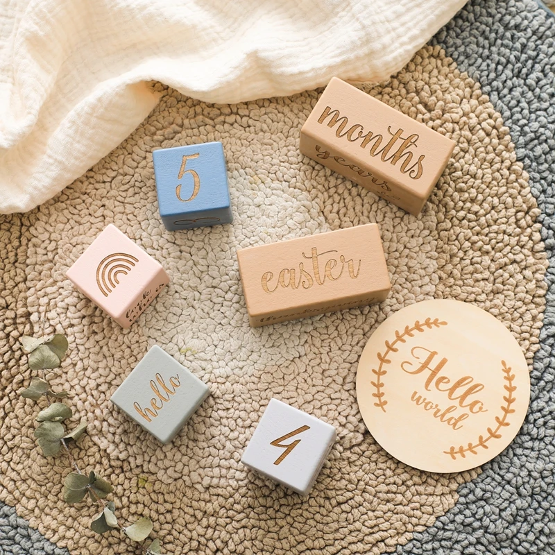 Baby Wooden Milestone Blocks 0-12 Months Newborn Birth Grow up High Quality Commemorate Props Infant Photography Accessoriees