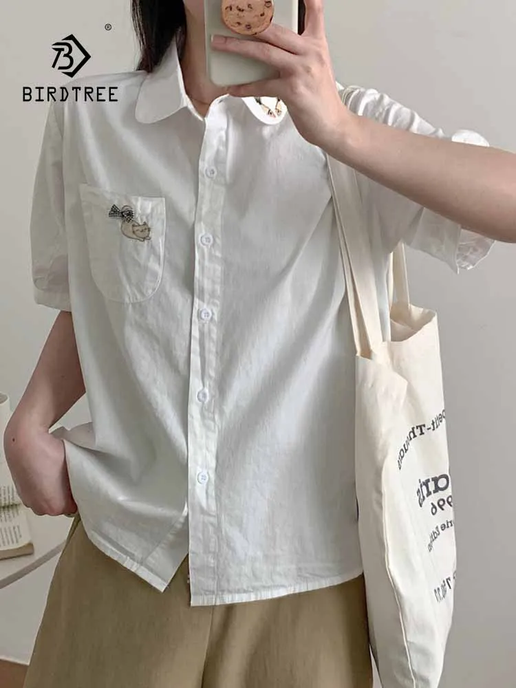 

New 2025 Summer Cotton Short Sleeve Shirt, Women Turn-down Collar Cat Embroidery, Mori Girl Sweet Commute Loose Blouse T57522CC