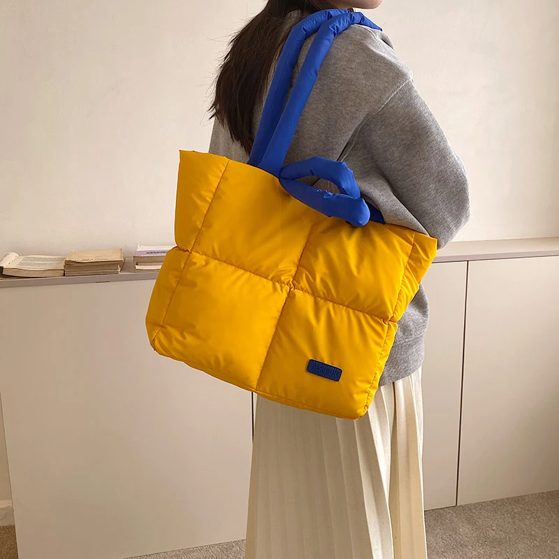 Sac à main matelassé en duvet de coton pour femme, grande capacité, sac à main moelleux, grand fourre-tout, mode, designer, hiver