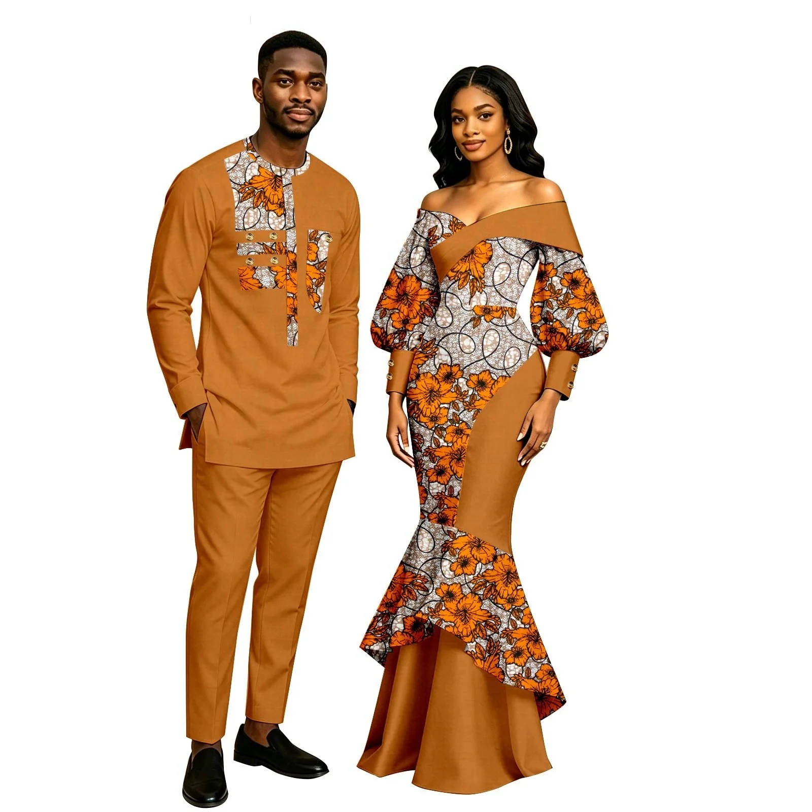 African Print Long Ruffles Mermaid Dress for Women Dashiki Men Matching Couple Outfits Top Shirt And Pant Sets