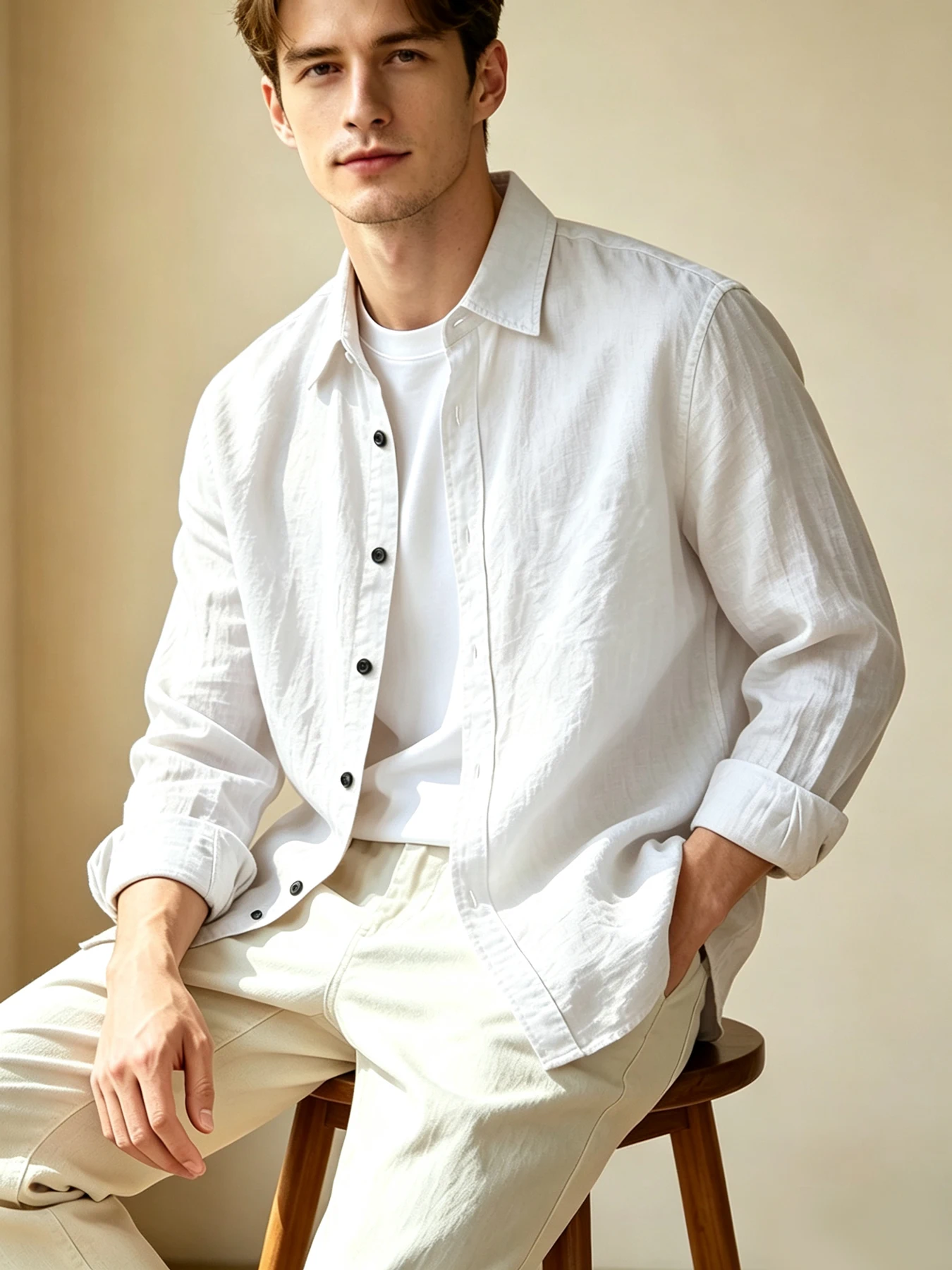 Men's Lapel Long Sleeve Shirt & Wide Leg Pants Casual Set, Light Business Casual Style Drapey Texture Two Piece Outfit, Wrinkle-
