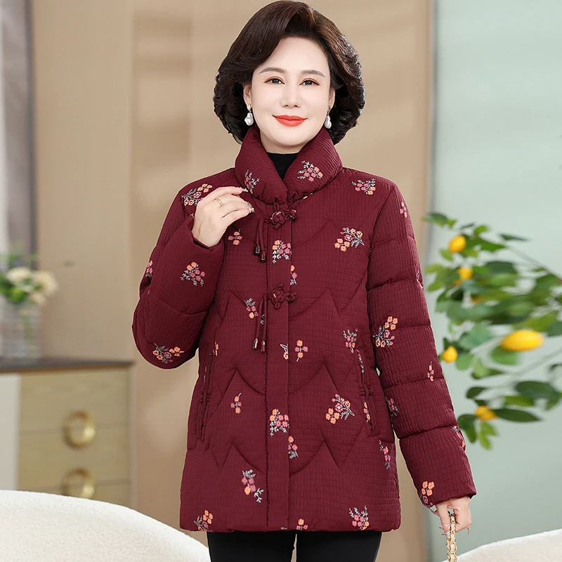 Chaqueta de algodón bordada con flores pequeñas, abrigo de algodón cálido con cuello levantado de invierno de alta calidad, Tops de talla grande, ropa gruesa y cálida 2026