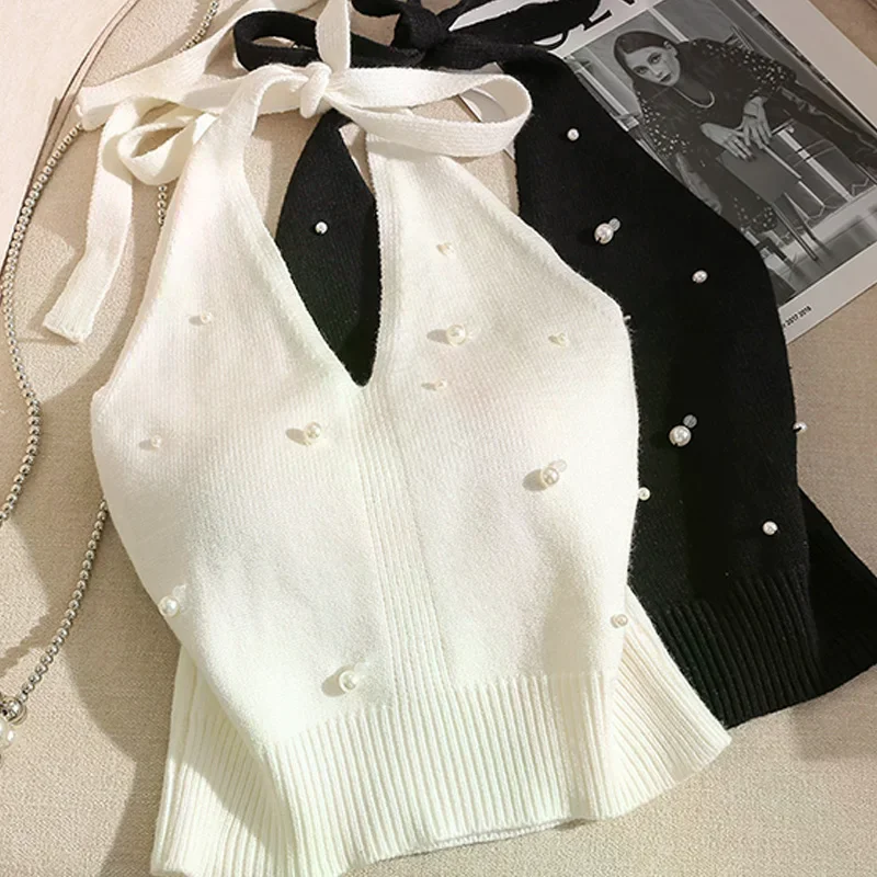 Fashion French Beaded Halter Neck Tie Knot Backless Knitted Vest For Women
