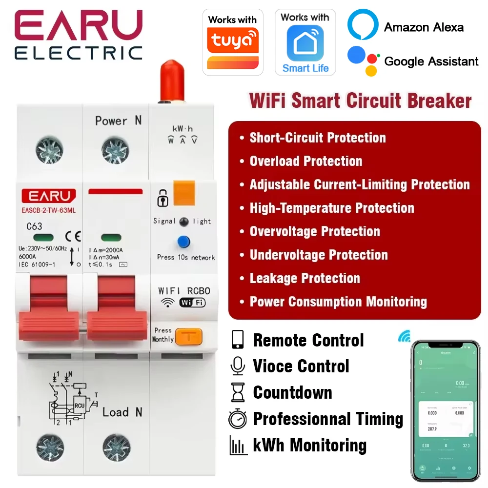 EARU Tuya WiFi Smart MCB RCCB RCBO Current Voltage kWh Power Energy Meter Overload Short Circuit Earth Leakage Protector Switch