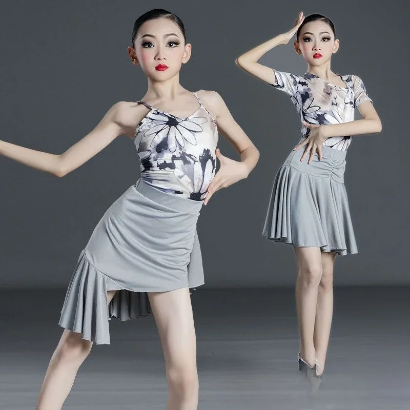 2025 novas crianças conjuntos de vestido de dança latina para meninas roupas de treinamento de competição cha-cha samba rumba trajes de dança terno