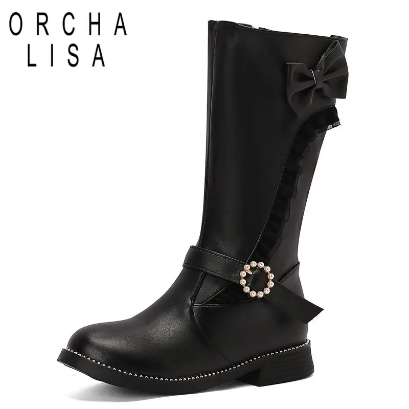 ORCHALISA 2024 New Design Girls Mid Calf Boots Round Toe Thick Heel 3cm Zipper Bowknot Pearl Buckle 31 32 33 42 43 Sweet Booties