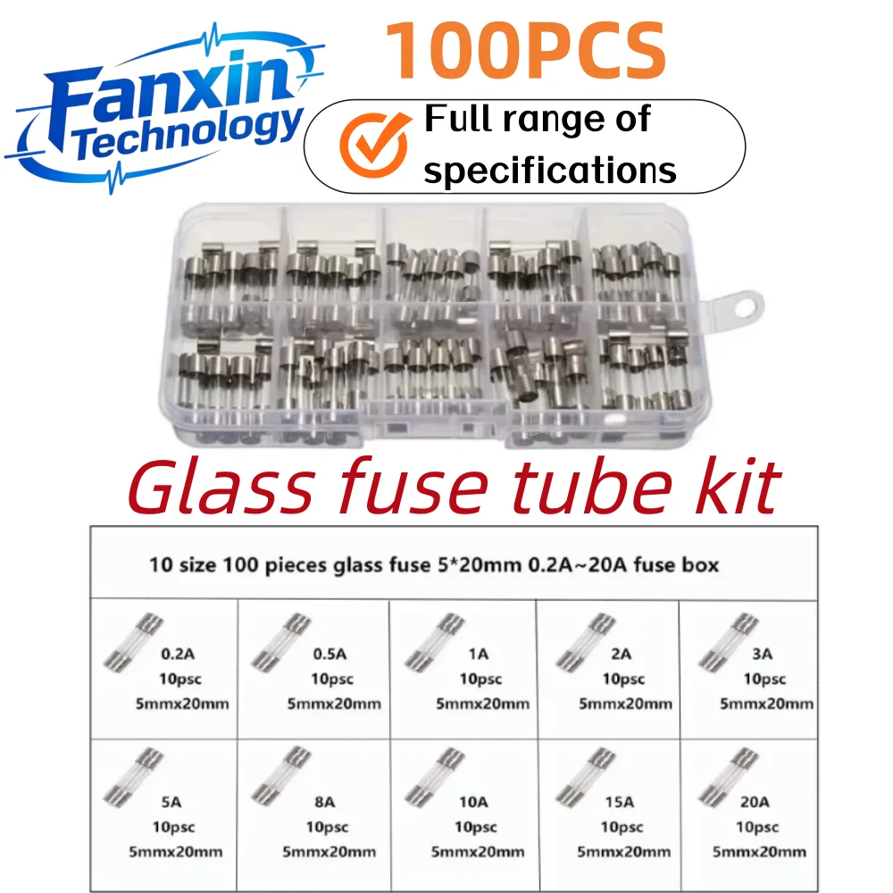 100pcs,1 Box 5x20mm Quick Blow Glass Tube Fuse Assorted Kit Amp 0.2a 0.5a 1a 2a 3a 5a 8a 10a 15a 20a 250v With Storage Box
