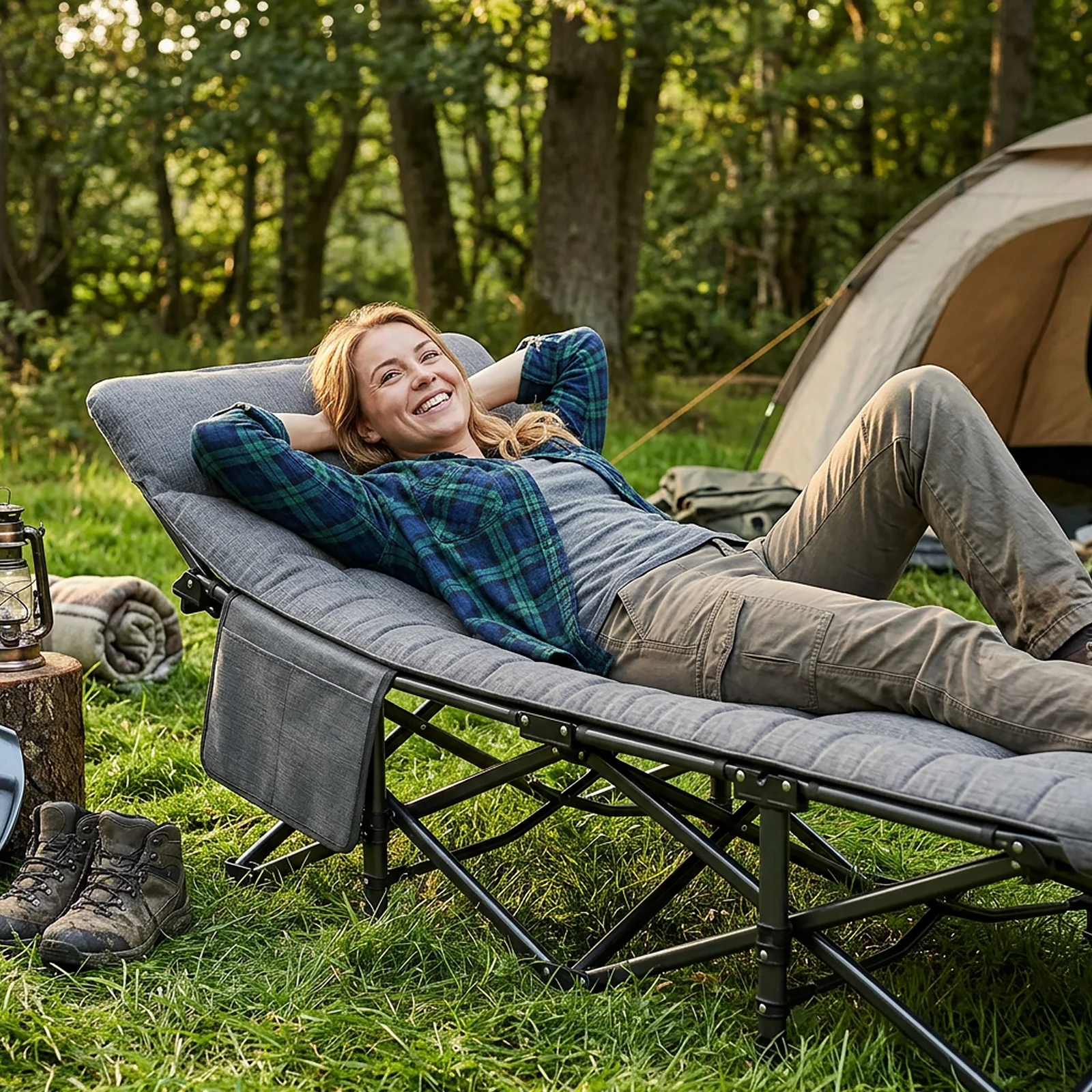 Lit de camping pliable 200 kg – Lit de camp individuel portable avec cadre en acier et oreiller intégré, idéal pour l'extérieur, le jardin, le bureau, facile à monter pour la randonnée et les voyages en plein air