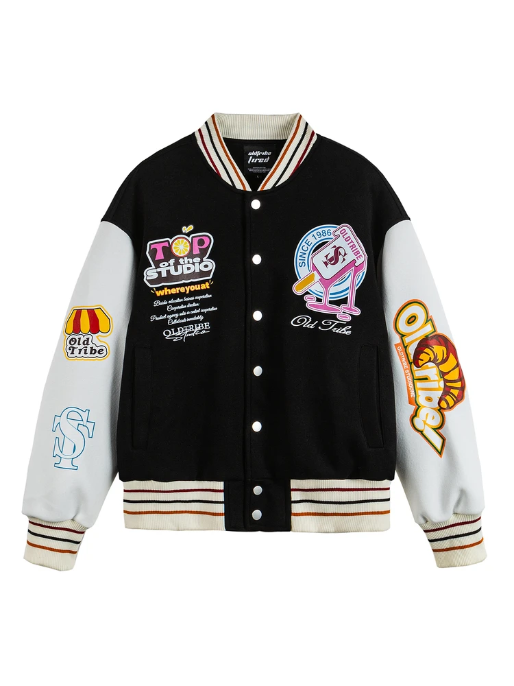 

Oldtribe, осенняя американская ретро цветная блузка с вышивкой букв, свободная бейсбольная куртка для пар, верхняя одежда, ветрозащитное длинное пальто све