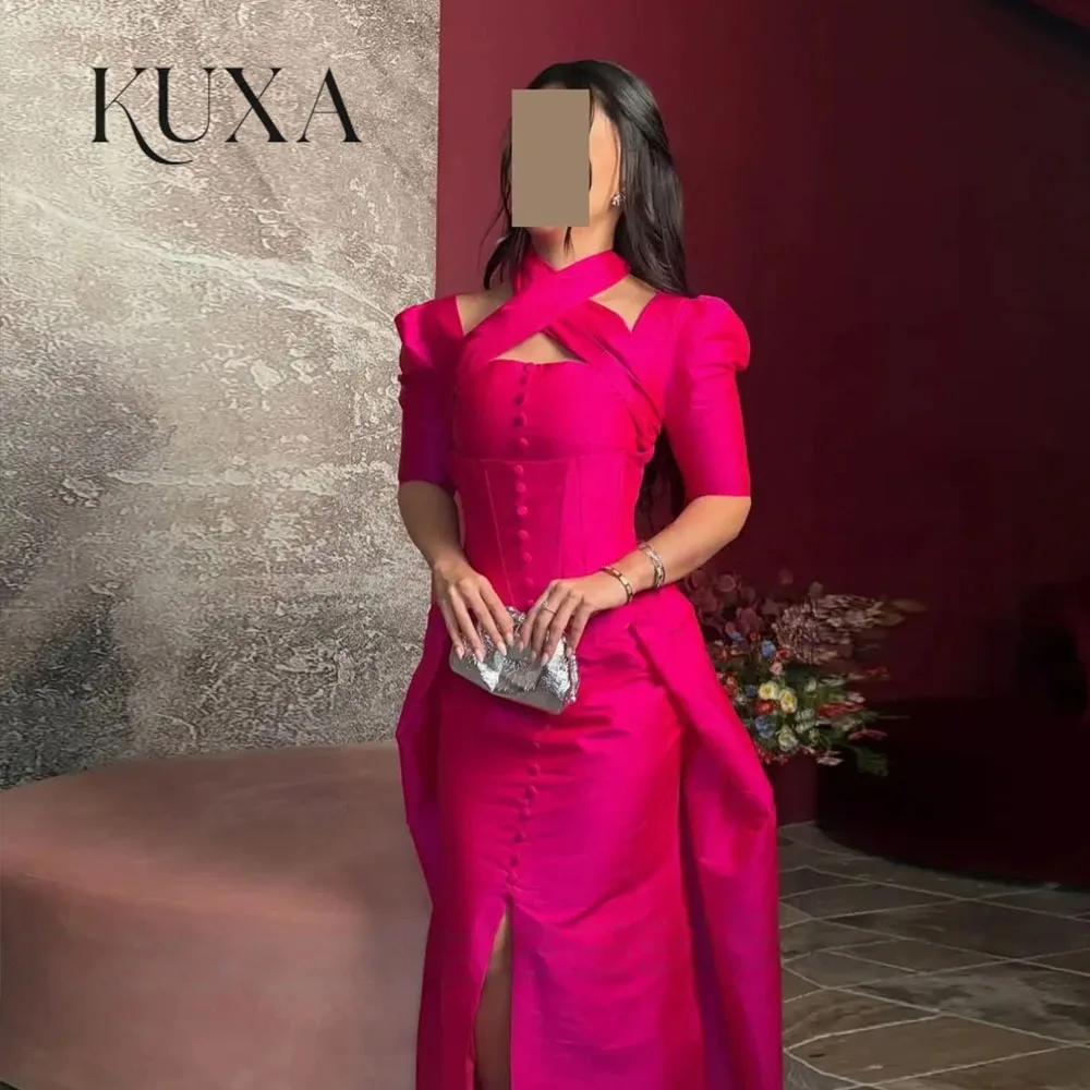 KUXA Elegant Vintage Light Pink Prom Dress Halter Neck Evening Gowns Half Sleeves Arab Formal Occasion Prom Dress Customizd 2026