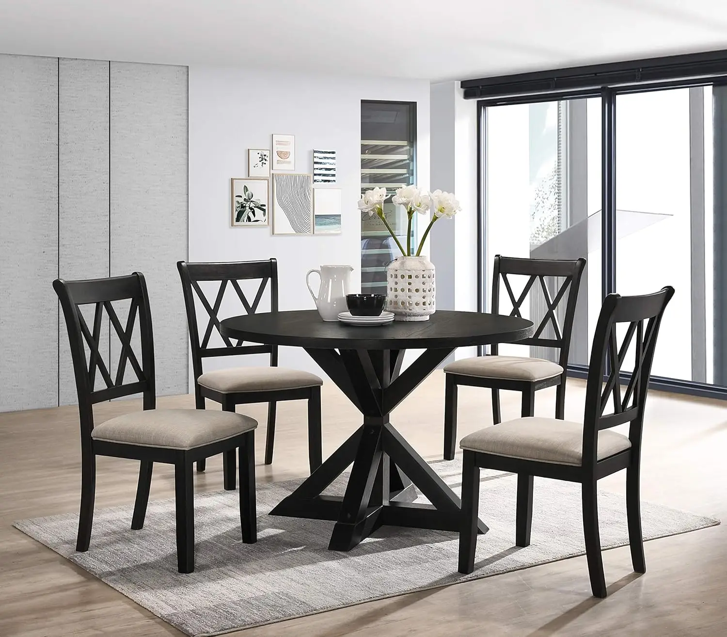 Cross Buck Wood 5 Piece Dining Set Black The dining chair features a cross back design with a tan linen look fabric upholstery