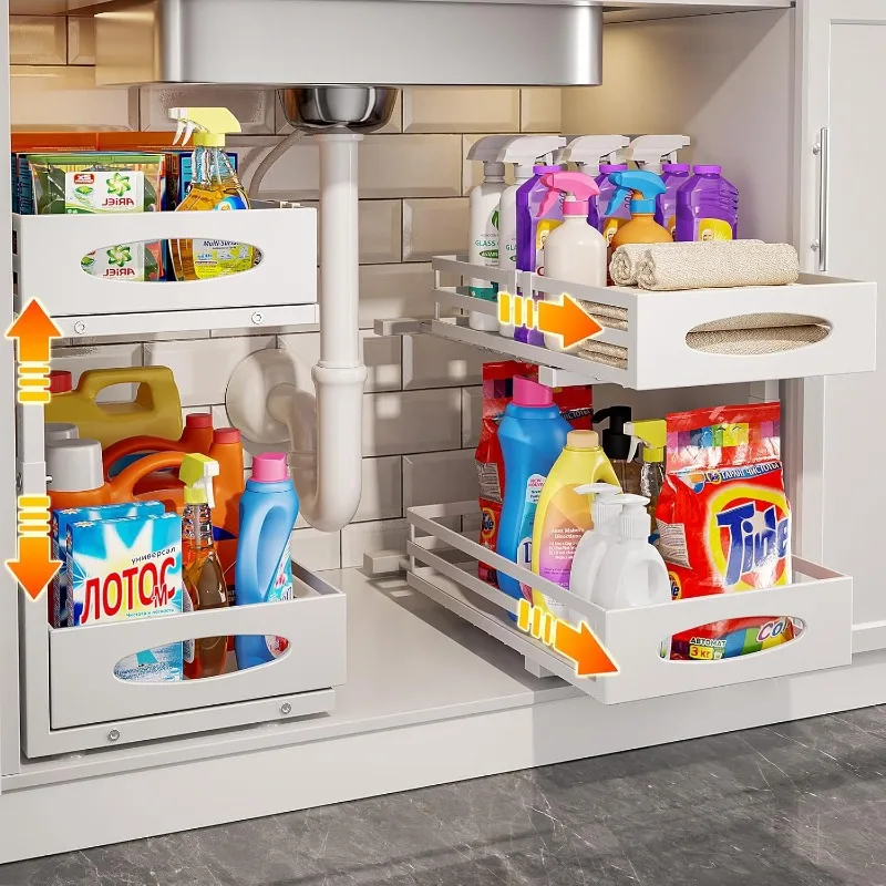 

Pull Out Cabinet Organizers, Slide Sink Steel Shelf Cabinet Storage Shelves, (White, 2 Pack)