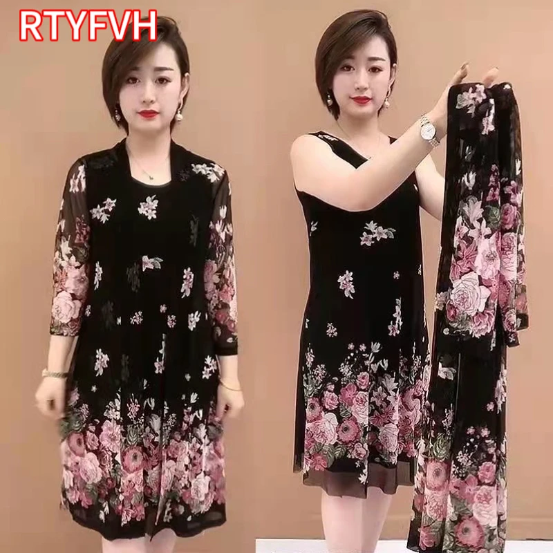 Women New Print Cardigan Coat Dress Mother Half Sleeves Two Piece Suit Mom Summer Dress Sets Elegant Suit/Single Piece