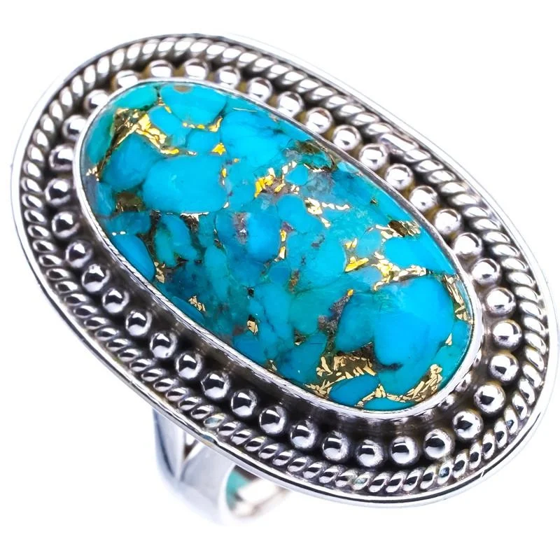 StarGems Natural Copper Turquoise  Handmade 925 Sterling Silver Ring 7 E9374