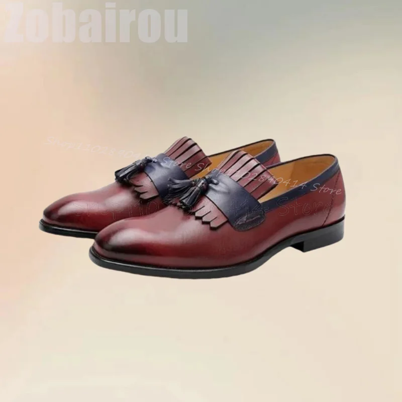 Burgandy Blue Tassels Decor Square Toe Black Sole Loafers Fashion Slip On Men Shoes Luxury Handmade Party Feast Men Dress Shoes