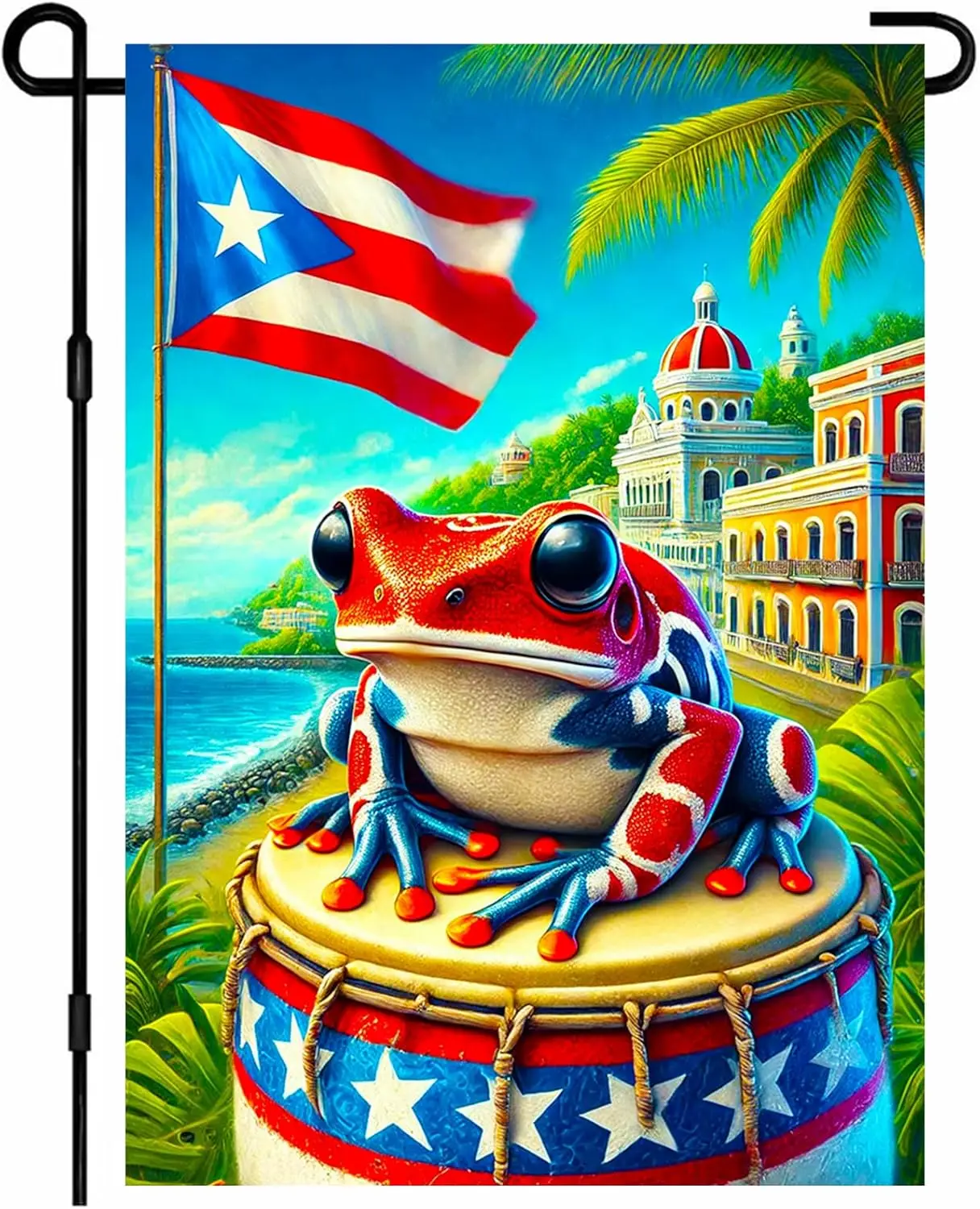 Spring Summer House Flag 28 x 40 Inch Double Sided Garden Flag Puerto Rico Coqui Frog and Tropical Flag for Summer Yard Bann PPM