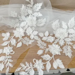 2 Pieces 3D Flower Beaded  Leaf Applique Bride Accessories, Sewing DIY Material Clear Sequin Floral Embroidery Lace Applique