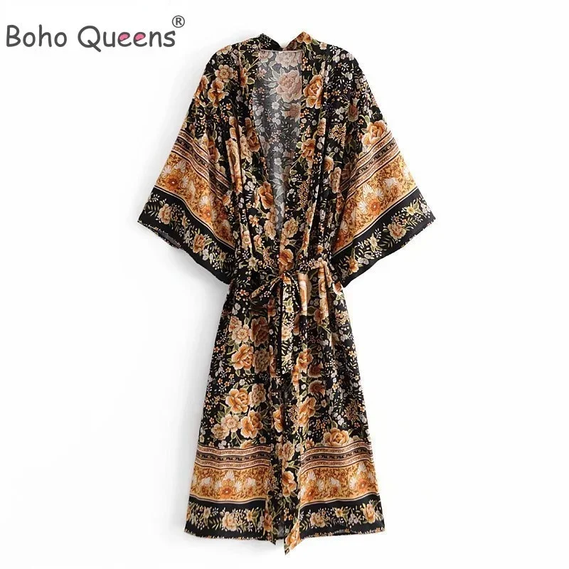 Boho Queens Floral Print Sashes Bohemian Vintage Chic Women Kimono Ladies V Neck Batwing Sleeves Maxi Bikini Robe Cover-ups