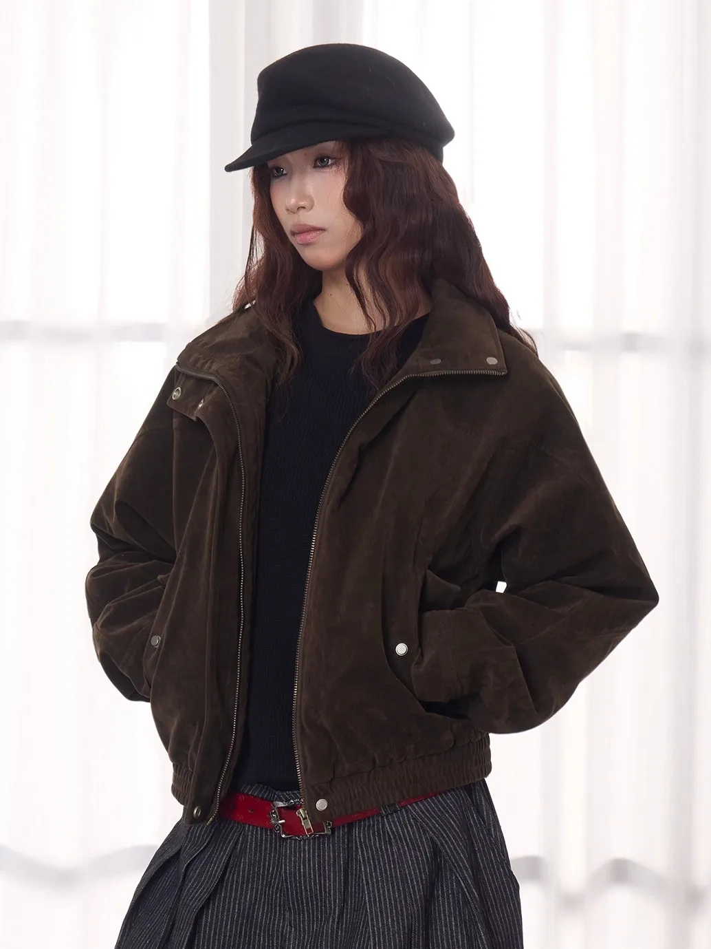 

Antsstna American Retro Suede ort Jaet Women's Loose Casual Collar Autumn Winter New Sle Outerwear Top Zipper Closure