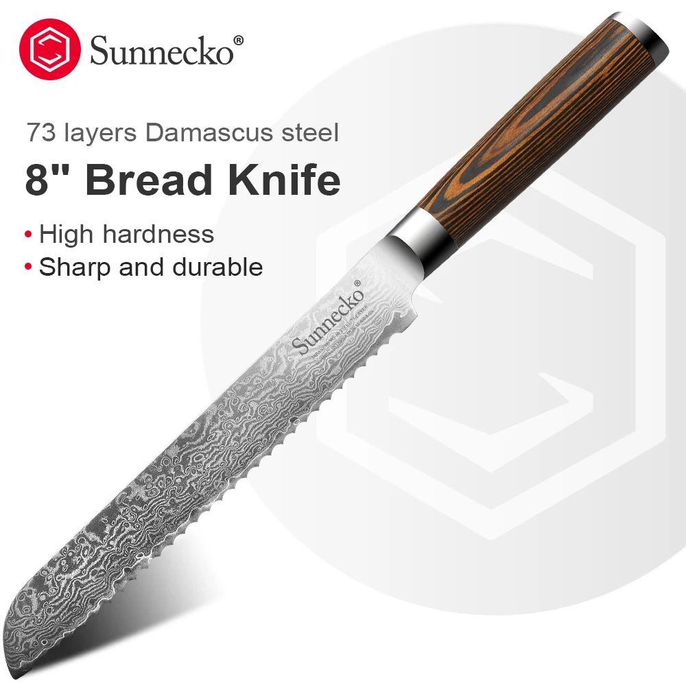 

Sunnecko 8" Bread Knife Damascus Japanese VG10 Steel Kitchen Knives Serrated Blade Baking Cooking Toast Cake Tool Party Home