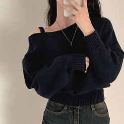 Winter Solid Vintage Knit Pullovers Women Sexy Off Shoulder Sweaters Fashion Y2k Tops Female Korean Fashion Casual Clothes 2024