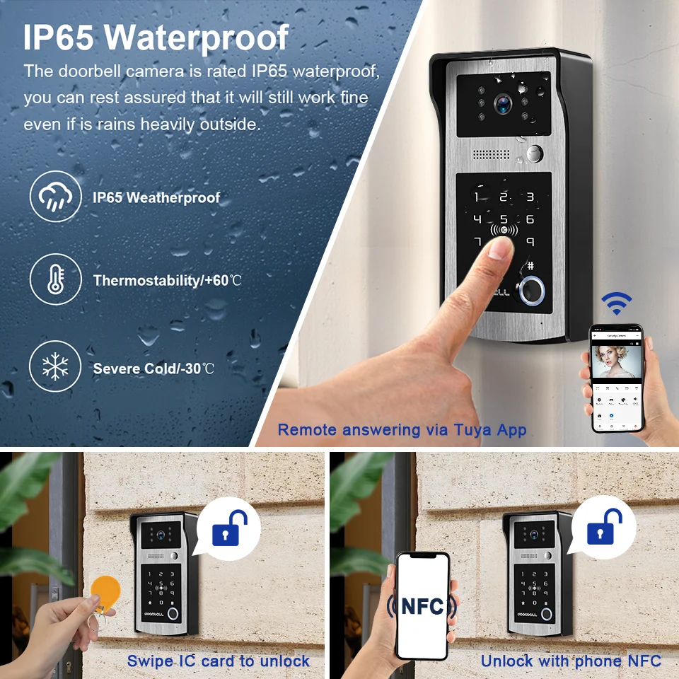 Imagen 4: Nueva cámara de timbre de vídeo inteligente Tuya 1080P WiFi Video intercomunicador timbre de puerta cámara con código RFID teclado acceso teléfono aplicación desbloqueo