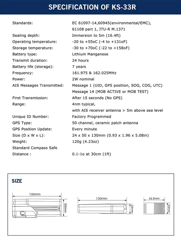 ONWA KS-33R AIS-MOB Personal Locator Beacon  Smartfind AIS MOB Tracker Transmits GPS Target Tracking Information