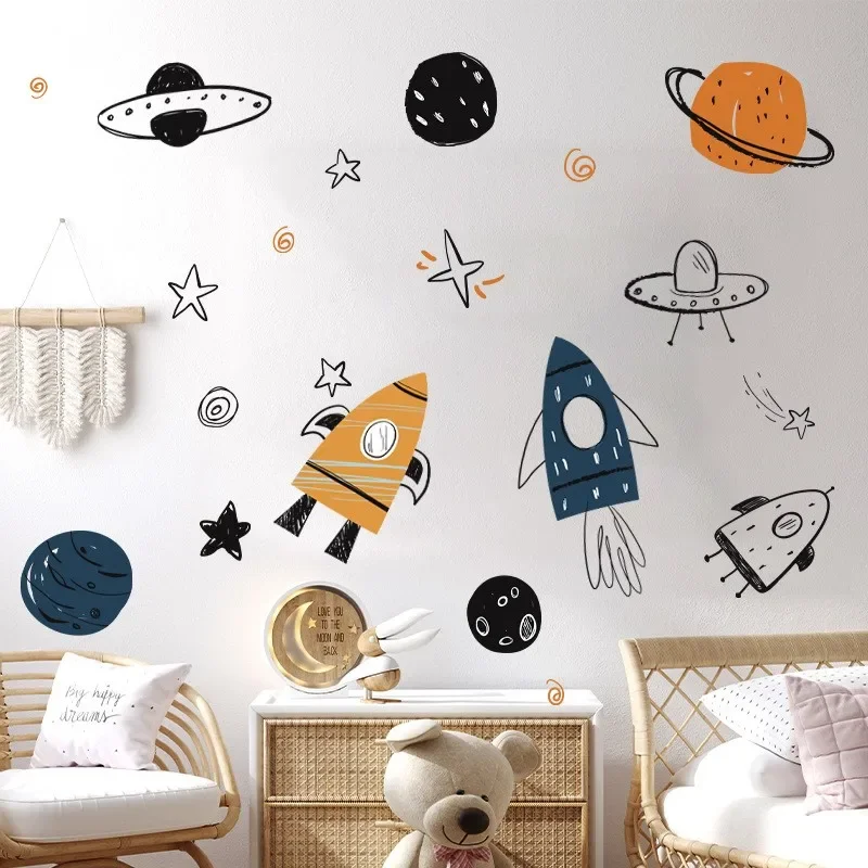 Hand Painted Watercolor Rocket Planet Wall Stickers Home Room Bedroom Decor Interior Stickers For Kids Rooms