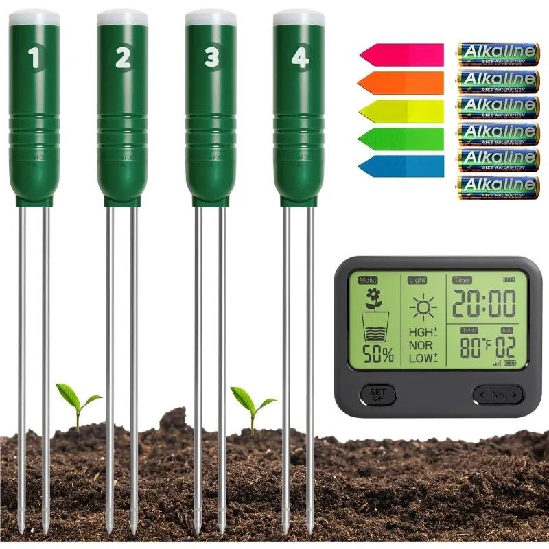 Medidor de humedad del suelo para plantas, 4 en 1, probador de humedad/temperatura/luz solar/Tiempo, Sensor Digital, medidor de agua para