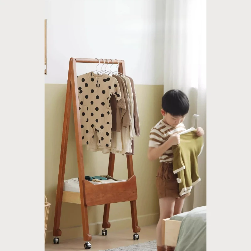 

Coat rack, integrated storage, children's solid wood creative movable hanger with wheels