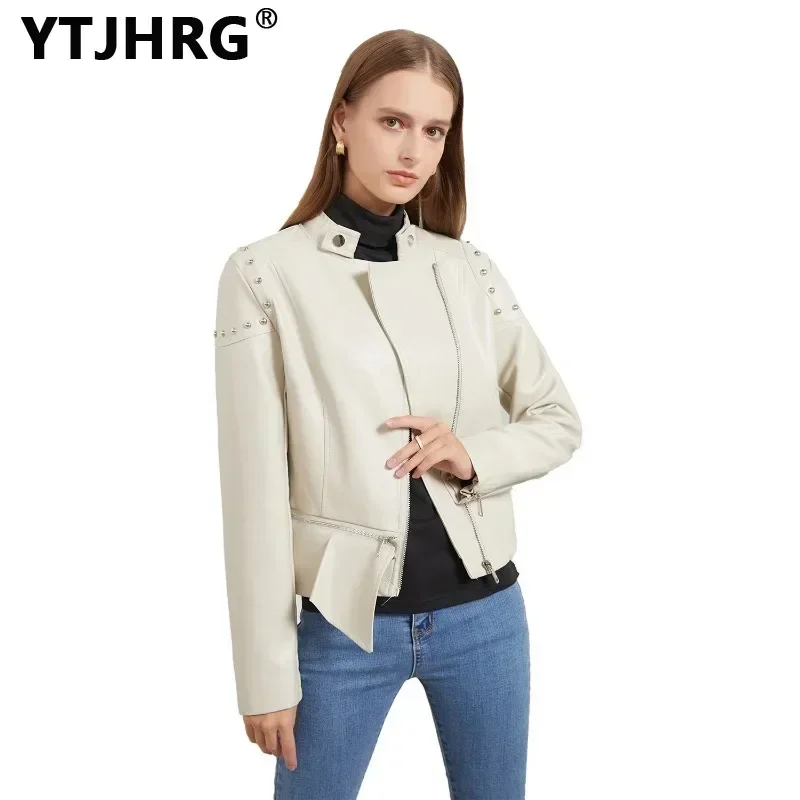 YTJHRG-chaquetas de motorista para mujer, Tops con remaches, cuello levantado, piel sintética, dobladillo Irregular, abrigo de PU con bolsillo,