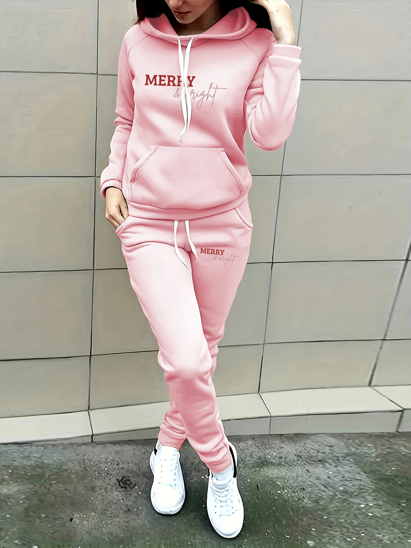 Fleece Hoodie Lined - French Romantic Style Merry Bright Letter