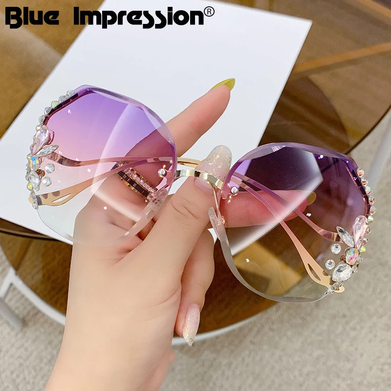 

Oval Luxury Diamond Butterfly Sunglasses Women Brand y2k Vintage Rimless Oversized Sun Glasses Ladies Eyewear gafas de sol