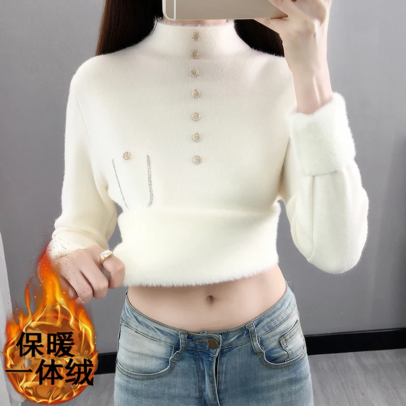 Solid Half Turtleneck Winter Sweater Women Elegant Thick Velvet Lined Warm Knitted Pullover Slim Long Sleeves Tops Versatile New