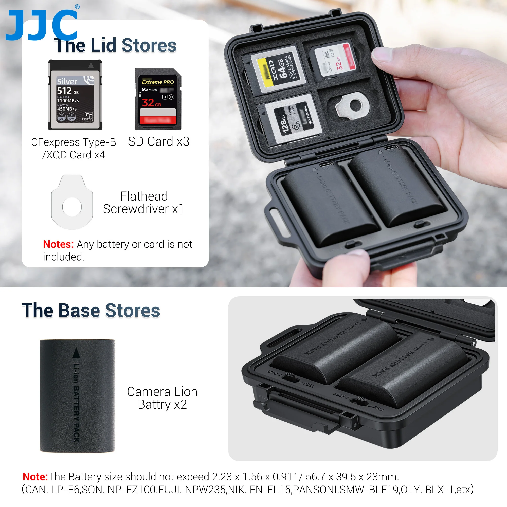 

JJC JBC-K2CBS Карта памяти и чехол для хранения аккумуляторов для 3 SD-карты 4 CFe B Card 2 аккумулятора Fujifilm NP-W235 Nikon EN-EL15 Case Box