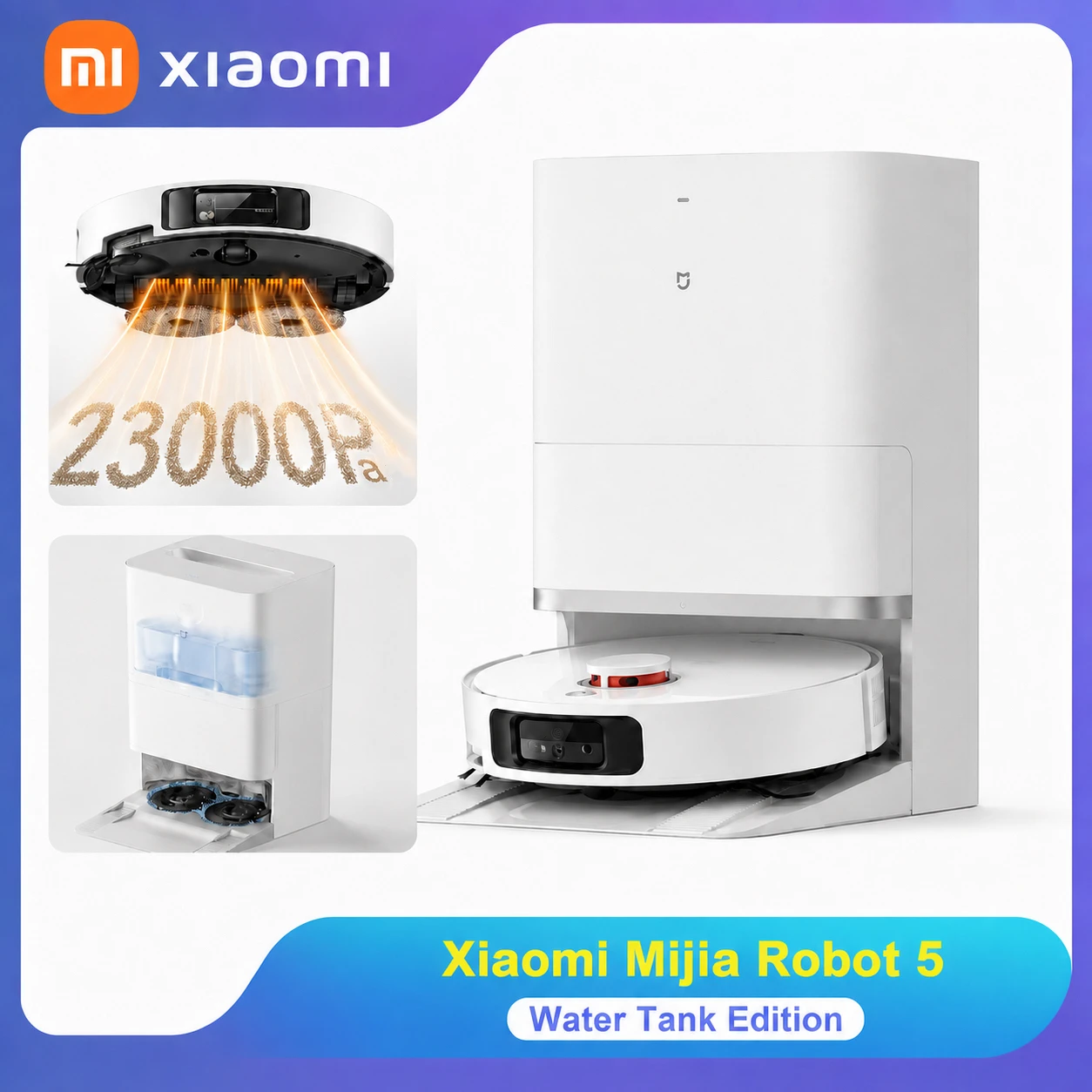 Xiaomi Robot Vacuum 5 robot vacuum, 23,000 Pa suction power, AI camera, self‑cleaning station, mop wash at 80°C, dry