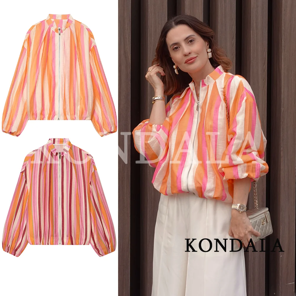 KONDALA Women Chic Colored Striped Loose Zipper Jacket 2026 Summer Early Fall Trendy Bomber Jacket Ladies Leisure Holiday Jacket