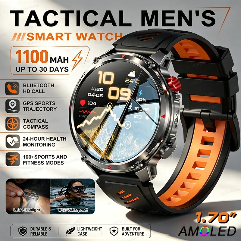 2026 TANK Tactics Smart Watch 1100 MAh Battery Outdoor Compass LED Flashlight IP68 Waterproof Sports Fitness HD Call Men Watches
