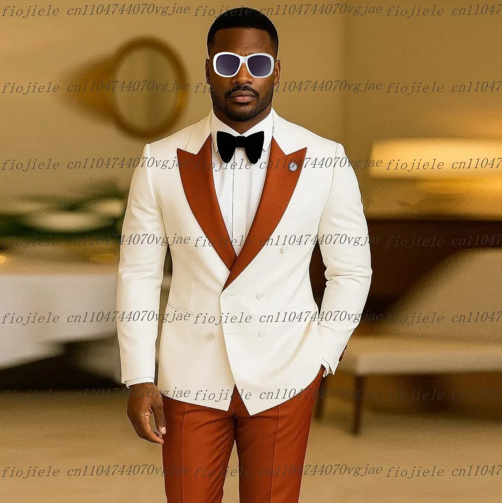 

White And Orange Men Suit Formal Occasion Wedding Party Groom Groomsman Business Prom Male Tuxedos 2 Piece Set Jacket Pants