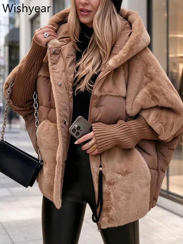 Faux Fur Trimmed Hooded Puffer Jacket for Women Thick Cotton Padded Patchwork Coat Batwing Sleeve Casual Warm Outerwear