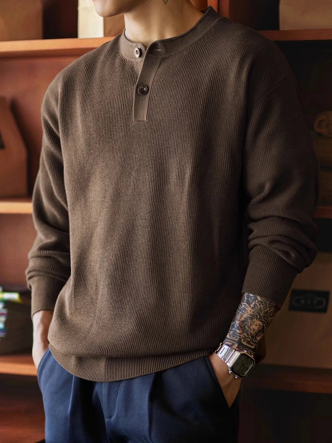 

Мужской зимний свитер большого размера из шерстяной смеси с воротником хенли, новый, свободный, теплый, для ношения под одеждой