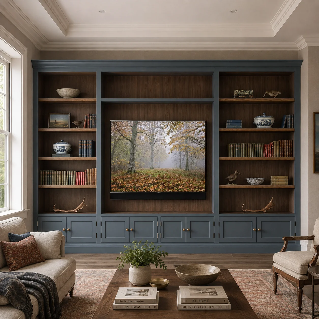 Solid Wood Built-in Library Bookcase, Floor-to-Ceiling Bookshelf Cabinet with Drawers, Customizable Wall System Storage Solution