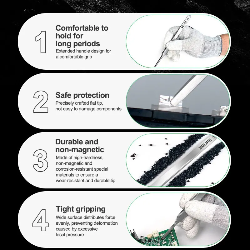 RELIFE T2 Flat and Round Tip Tweezers Extended Version for Gripping smd Capacitors, smd resistors and other small components