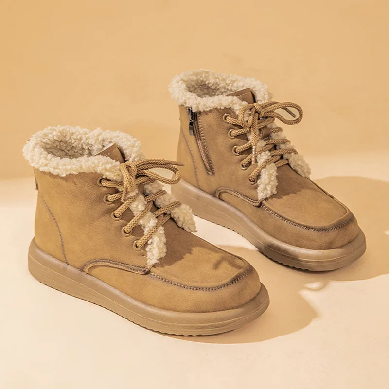 النساء أحذية الثلوج جلد طبيعي الشتاء الأحذية الدانتيل متابعة صوف الضأن الشتاء الدافئ السيدات أحذية جولة تو شقة أحذية بوت قصيرة WSH5243 #3