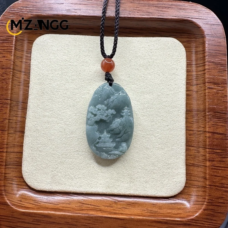 Natural Jadeite Landscape Artistic Conception Crafts Pendant Exquisite Carving Fashion Charm Men's and Women's Jewelry Necklace