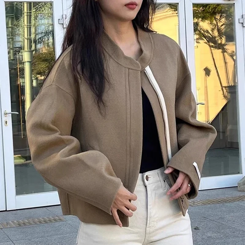 Chic Herbst Lose Fit Lange Sve Zipper Jaet Woolen Mantel Stehkragen Casual Vielseitig frauen Faion Koreanische Sle