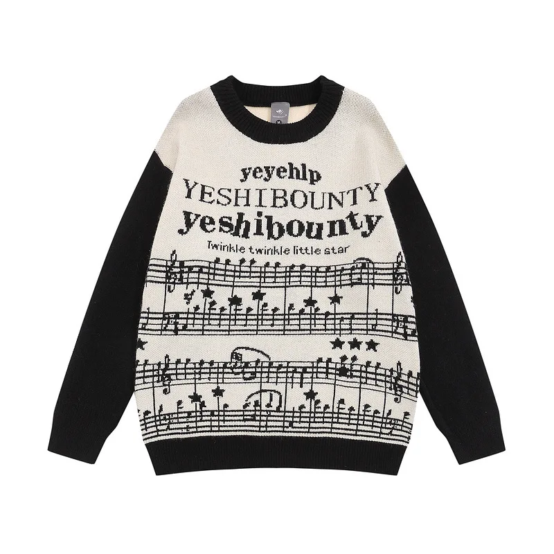 Suéter de Jacquard con notas musicales para hombre, jersey de manga larga holgado, con paneles de contraste, cuello redondo, Retro, informal, Otoño e Invierno
