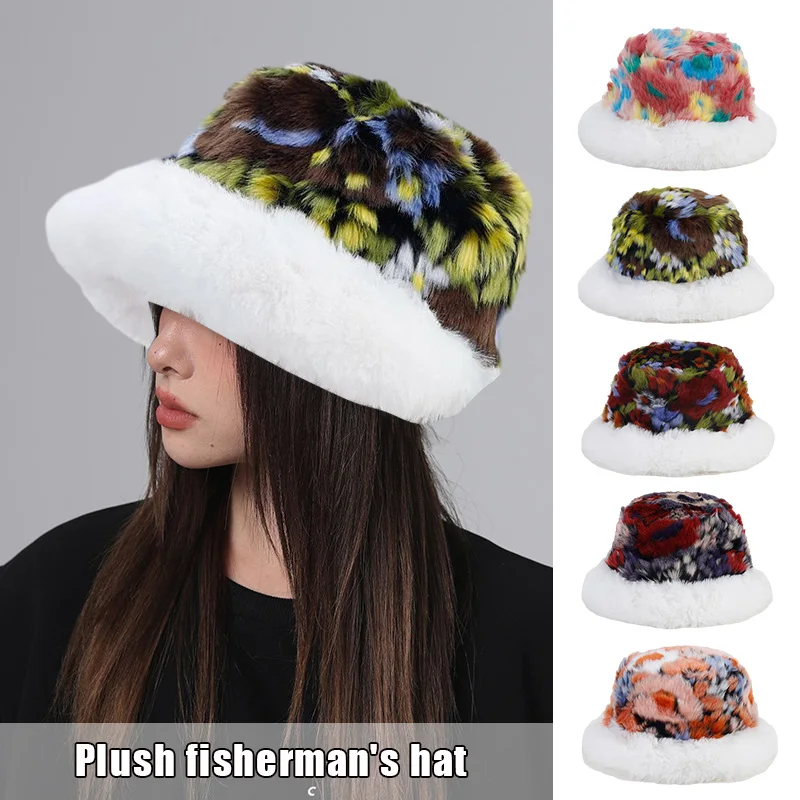 

Y2k Fluffy Faux Fur Bucket Hat Women Faux Fur Warm Thick Plush Hat Lady Winter Fashion Furry Panama Fisherman Cap