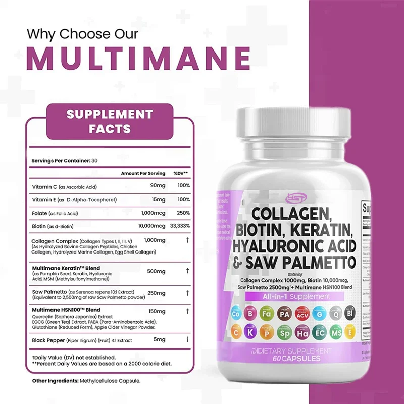 Collagen Pills Biotin Keratin Saw Palm Hyaluronic Acid Hair, Skin and Nails Vitamin E Folate Pumpkin Seed 60 Pills