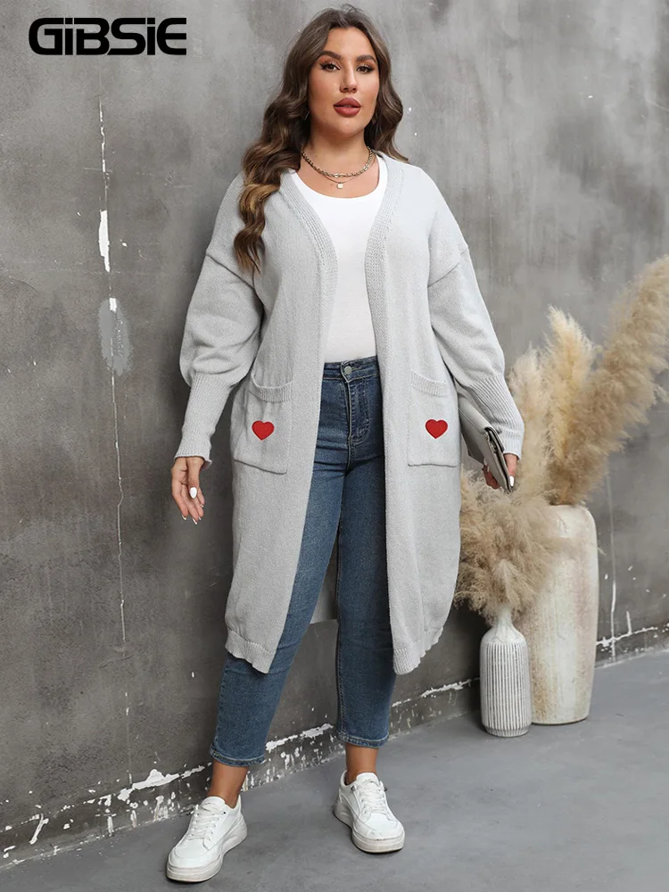 GIBSIE Plus Size Womens Casual Heart Embroidery Long Cardigan Autumn Winter Pocket Long Sleeve Knitted Sweater Coat For Woman